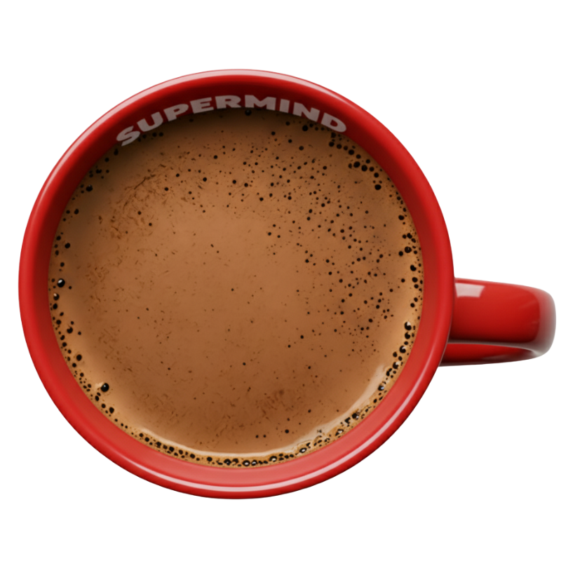 Top view of Supermind coffee with foam in red branded mug
